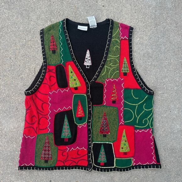 Vintage 90s White Stag Ugly Christmas Tree Sweater Vest Plus Size 18W/20W - Picture 1 of 5